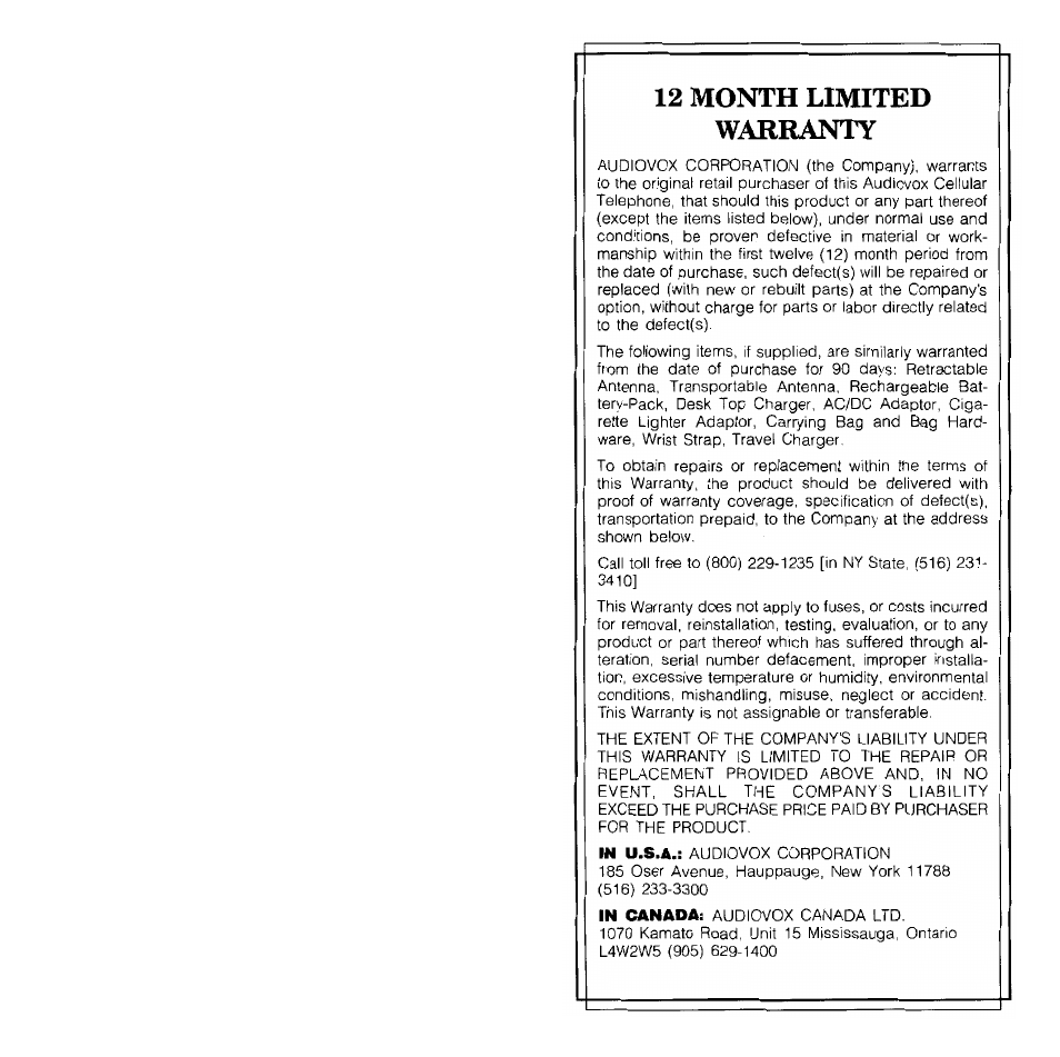 12 month limited warranty | Audiovox Prestige PR-140 User Manual | Page 17 / 20