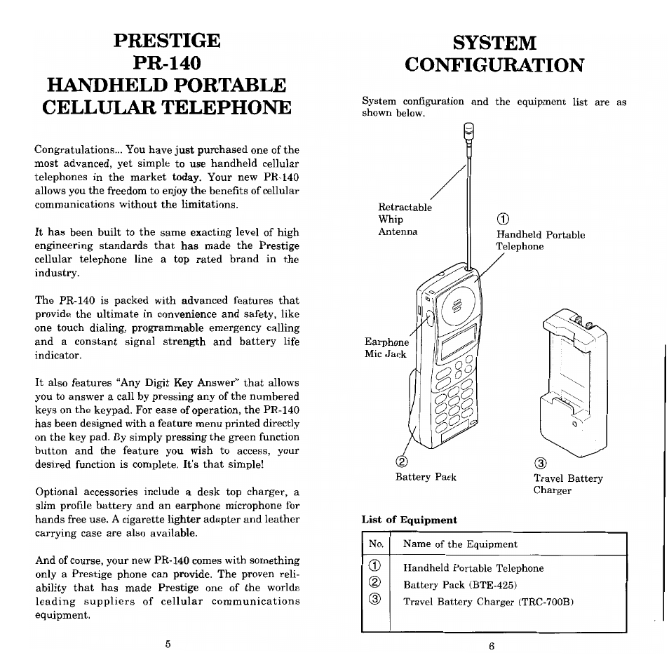 Prestige, Pr-140, Handheld portable cellular telephone | System, Configuration, System configuration | Audiovox Prestige PR-140 User Manual | Page 4 / 20