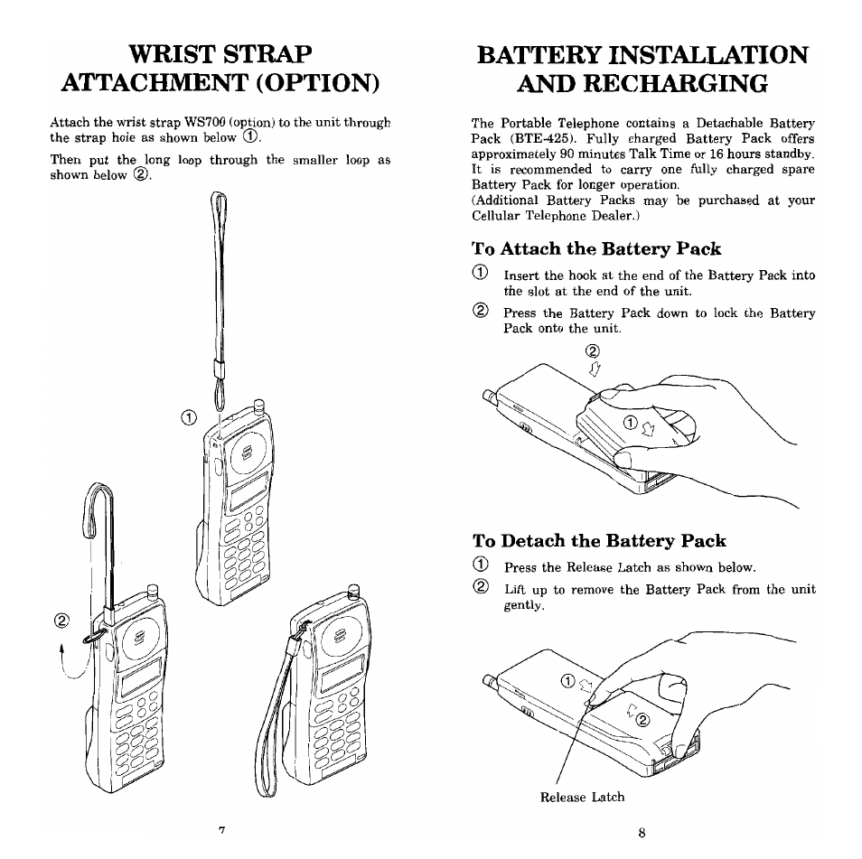 Wrist strap attachment (option), Battery installation and recharging, To attach the battery pack | To detach the battery pack | Audiovox Prestige PR-140 User Manual | Page 5 / 20