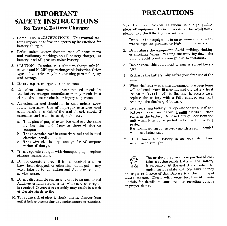 Important safety instructions, For travel battery charger, Precautions | Audiovox Prestige PR-140 User Manual | Page 7 / 20