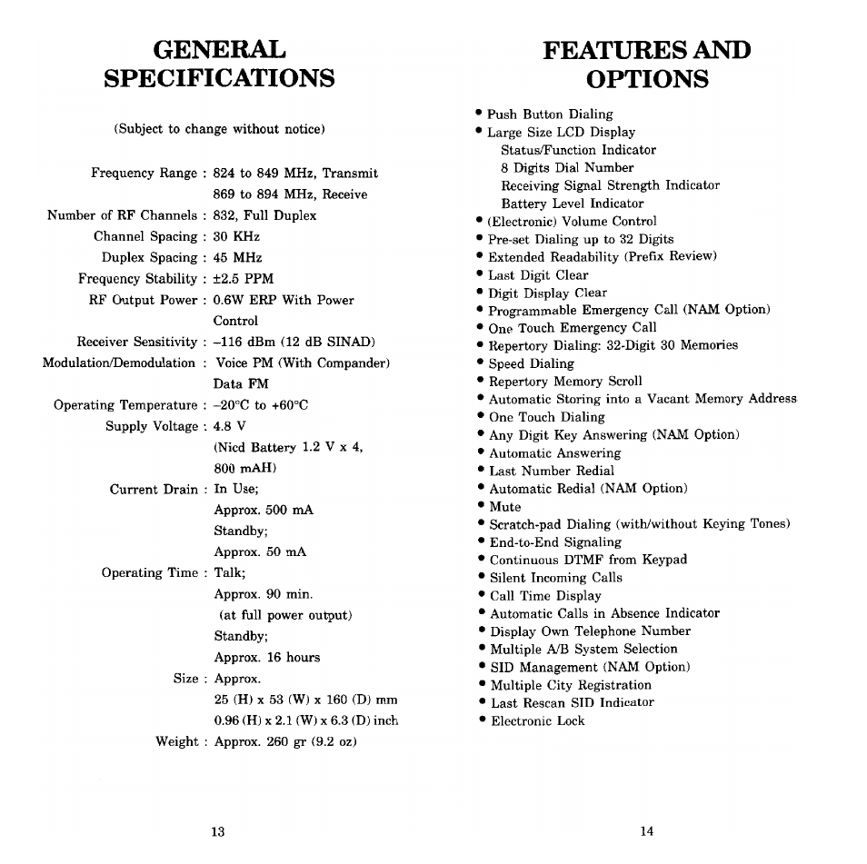 Features and options, General specifications | Audiovox Prestige PR-140 User Manual | Page 8 / 20
