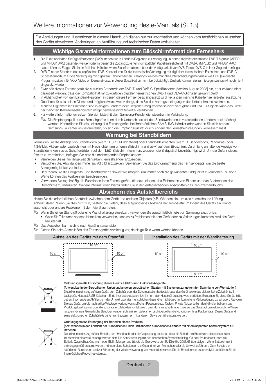 Warnung bei standbildern, Absichern des aufstellbereichs | Samsung UE37D5000PW User Manual | Page 38 / 73