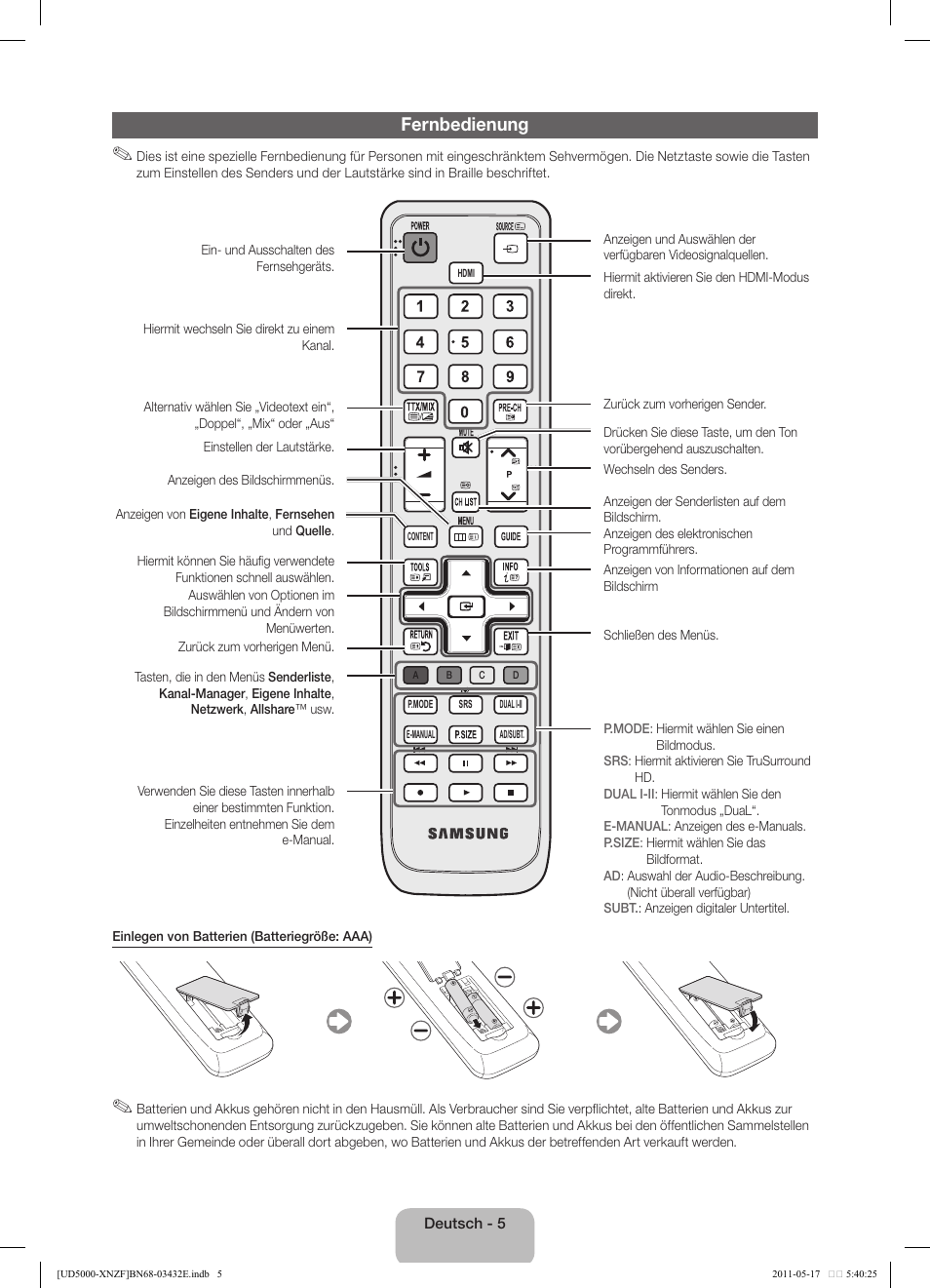 Fernbedienung | Samsung UE37D5000PW User Manual | Page 41 / 73