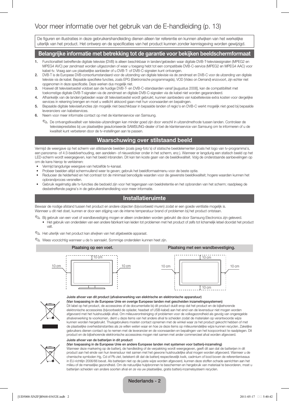 Waarschuwing over stilstaand beeld, Installatieruimte | Samsung UE37D5000PW User Manual | Page 56 / 73