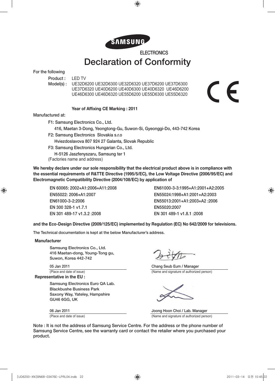 Declaration of conformity, Electronics | Samsung UE40D6200TS User Manual | Page 22 / 86