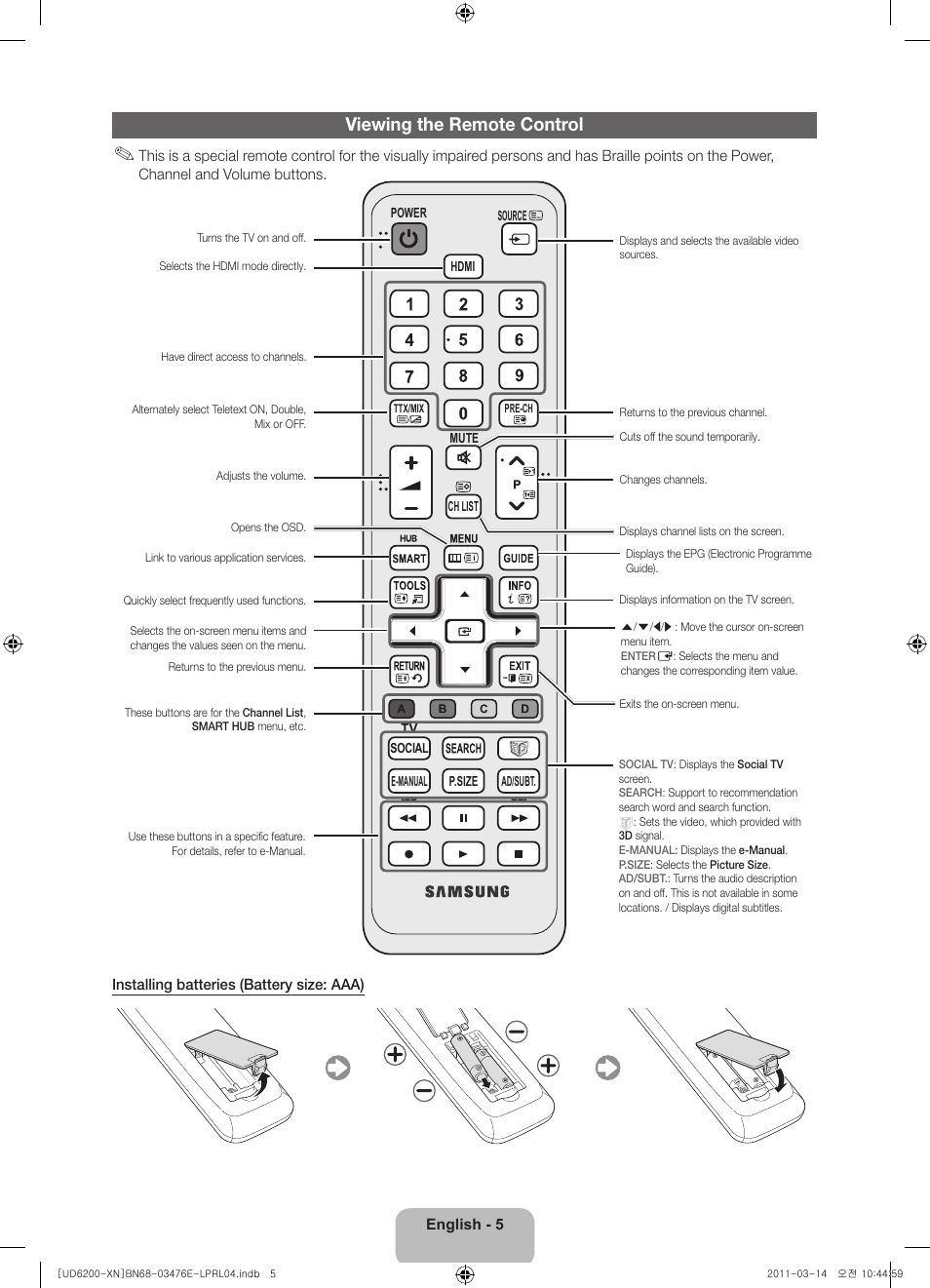 Viewing the remote control | Samsung UE40D6200TS User Manual | Page 5 / 86