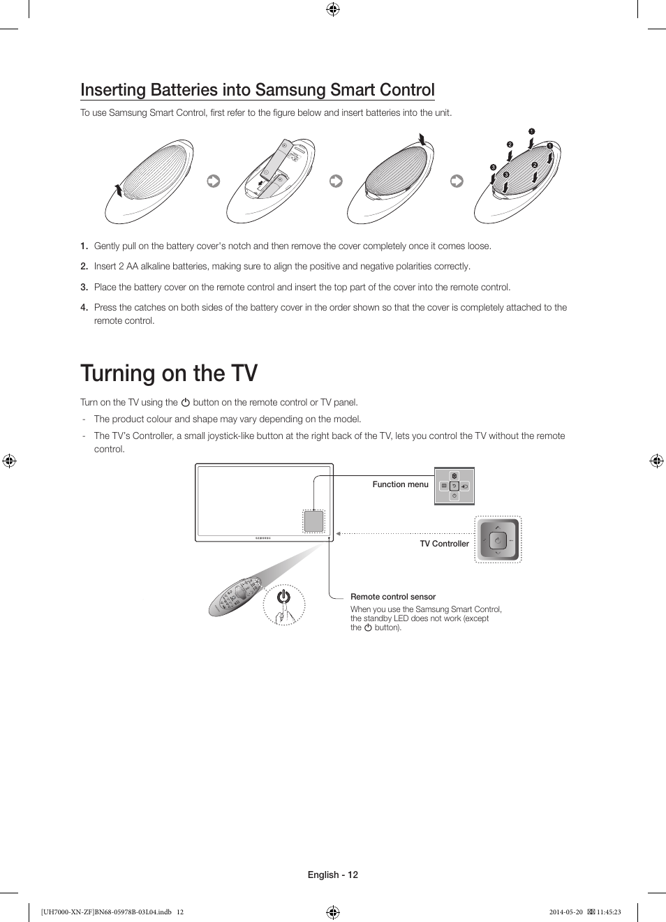 Turning on the tv, Inserting batteries into samsung smart control | Samsung UE60H7000SL User Manual | Page 12 / 89
