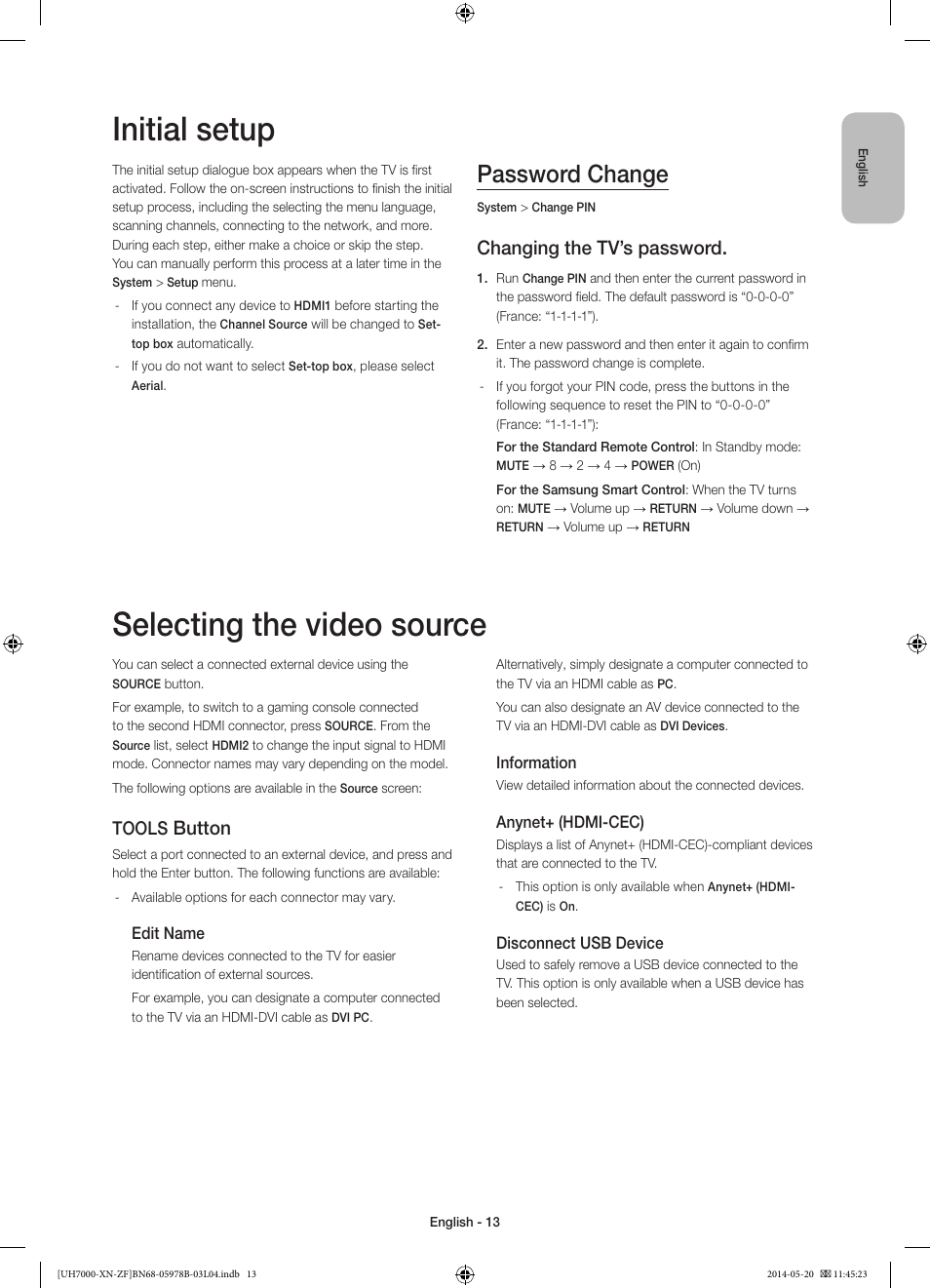 Initial setup, Selecting the video source, Password change | Changing the tv’s password, Button, Tools | Samsung UE60H7000SL User Manual | Page 13 / 89