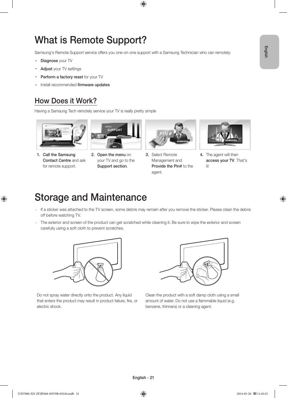 What is remote support, Storage and maintenance, How does it work | Samsung UE60H7000SL User Manual | Page 21 / 89