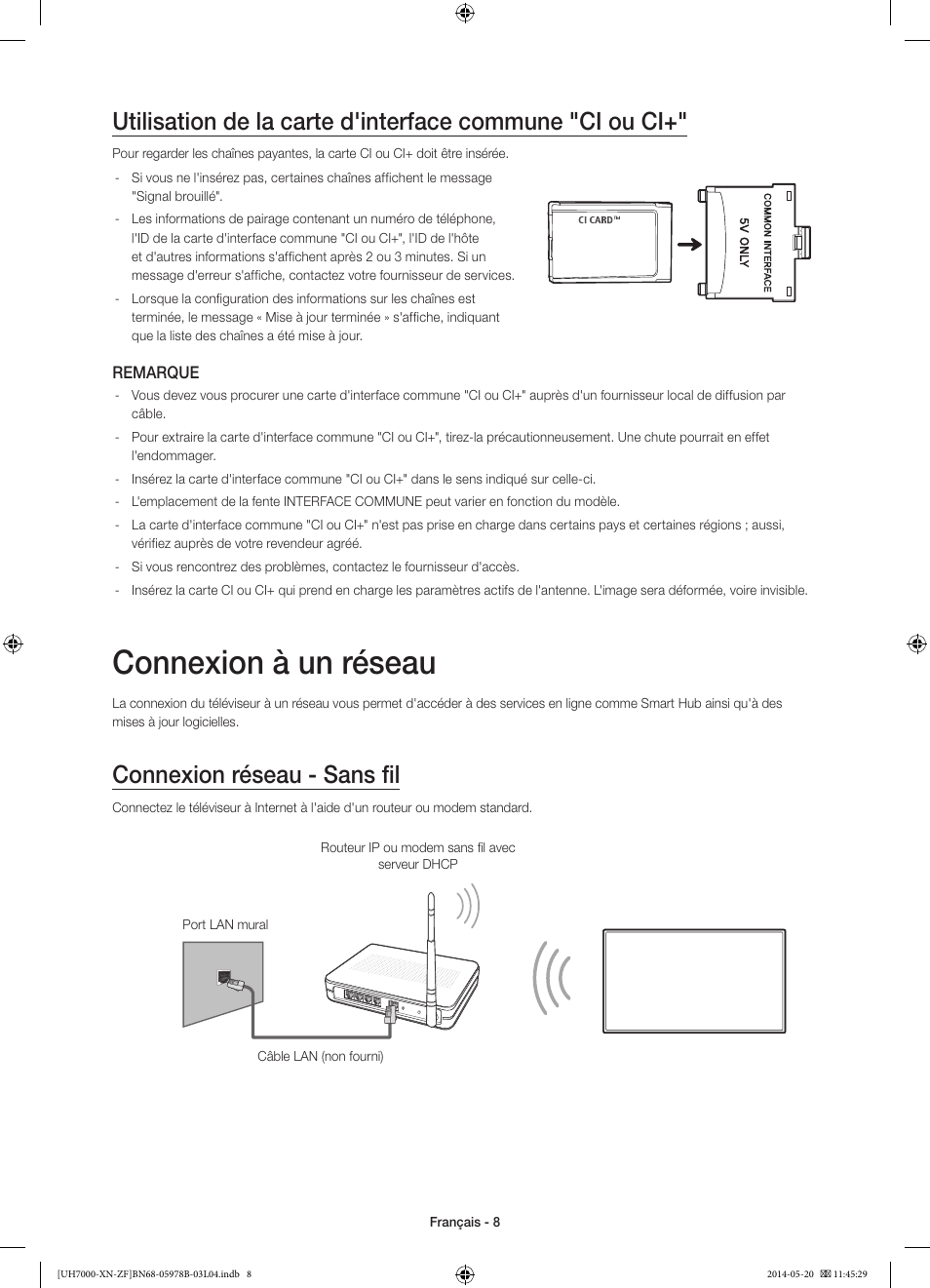 Connexion à un réseau, Connexion réseau - sans fil | Samsung UE60H7000SL User Manual | Page 30 / 89
