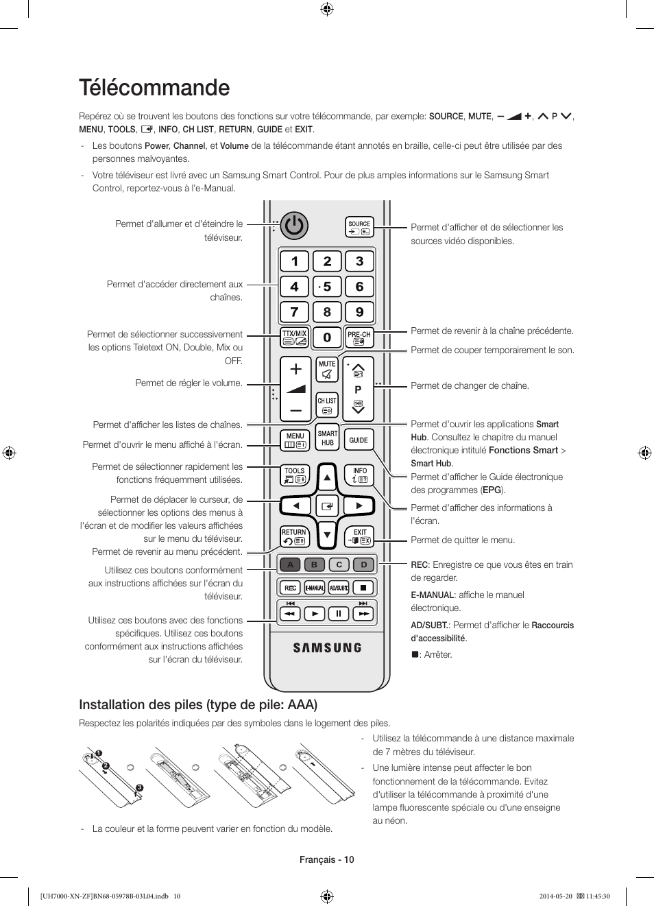 Télécommande, Installation des piles (type de pile: aaa) | Samsung UE60H7000SL User Manual | Page 32 / 89