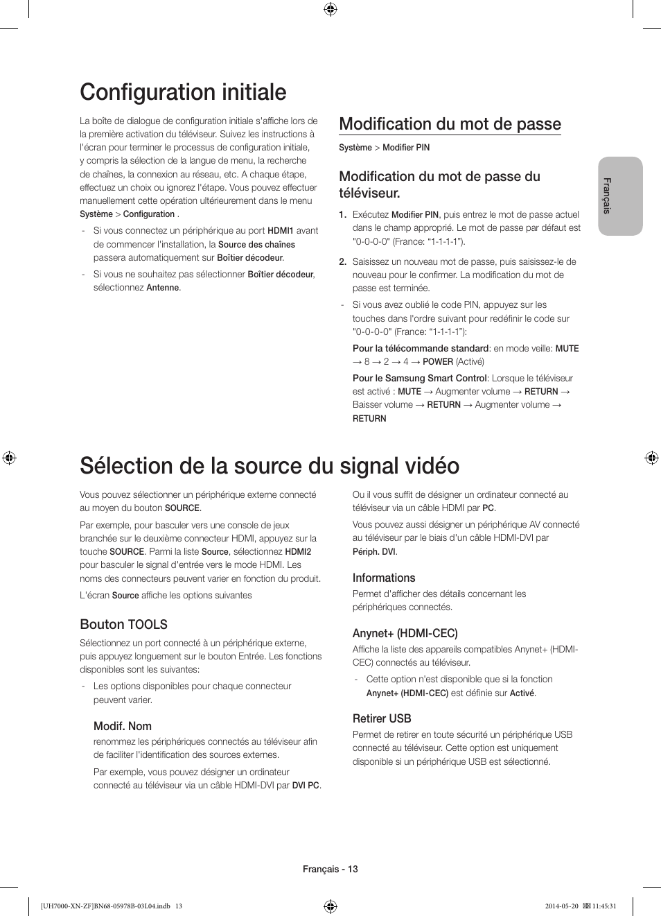 Configuration initiale, Sélection de la source du signal vidéo, Modification du mot de passe | Modification du mot de passe du téléviseur, Bouton, Tools | Samsung UE60H7000SL User Manual | Page 35 / 89