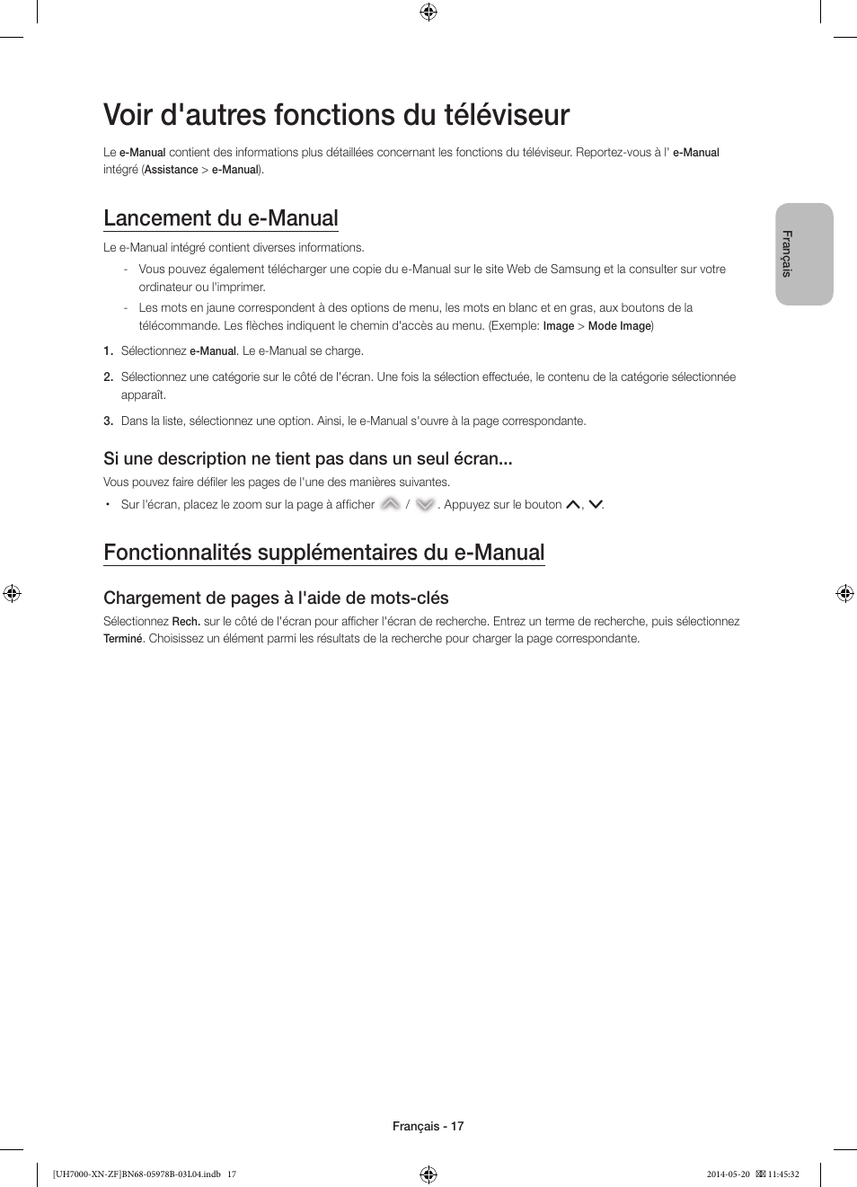 Voir d'autres fonctions du téléviseur, Lancement du e-manual, Fonctionnalités supplémentaires du e-manual | Si une description ne tient pas dans un seul écran, Chargement de pages à l'aide de mots-clés | Samsung UE60H7000SL User Manual | Page 39 / 89