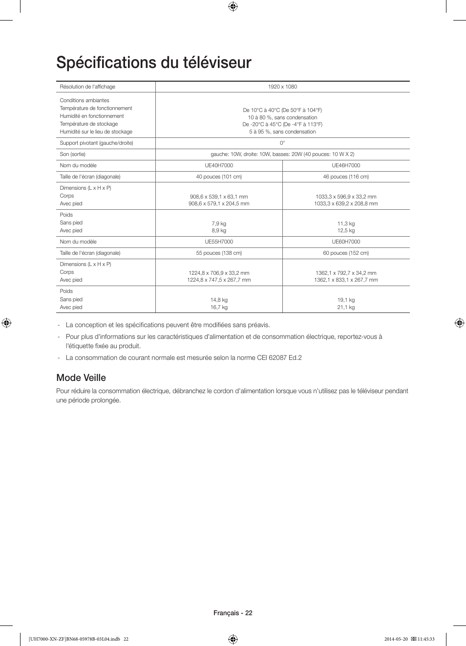 Spécifications du téléviseur, Mode veille | Samsung UE60H7000SL User Manual | Page 44 / 89