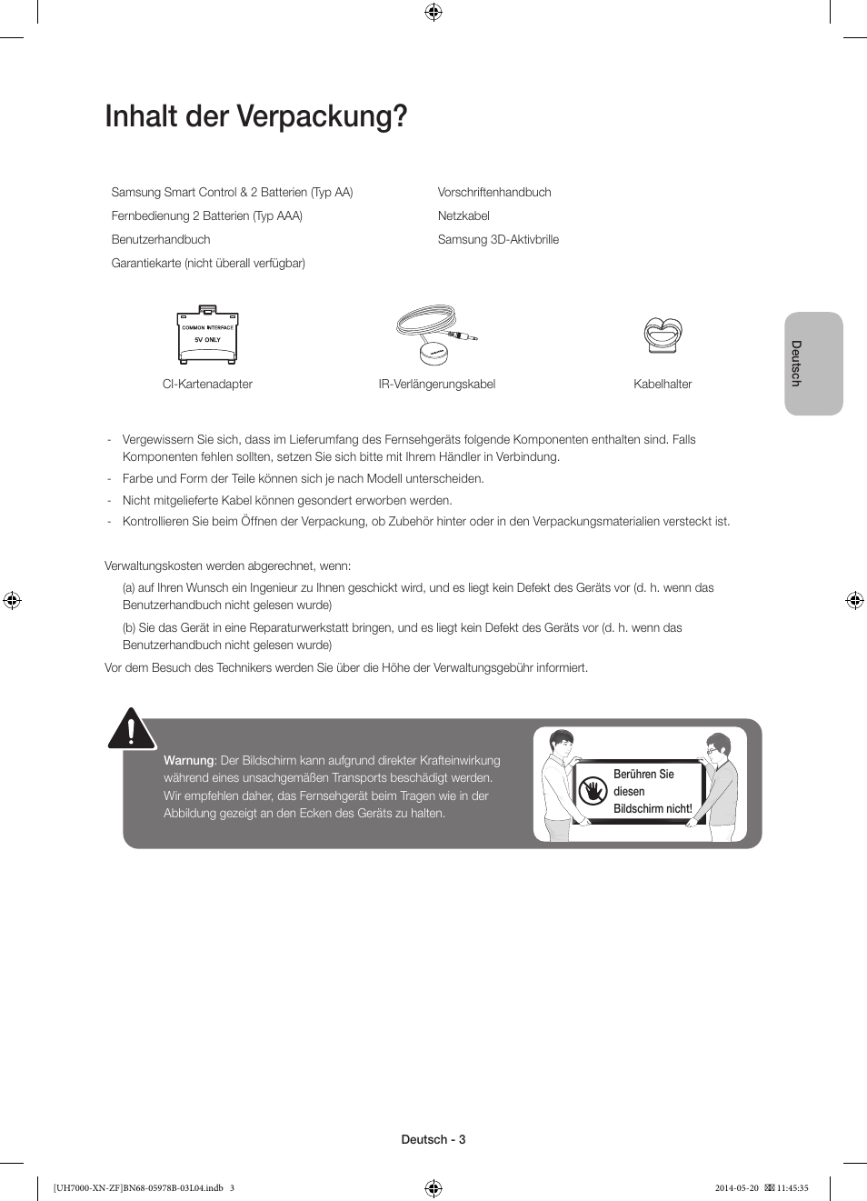 Inhalt der verpackung | Samsung UE60H7000SL User Manual | Page 47 / 89