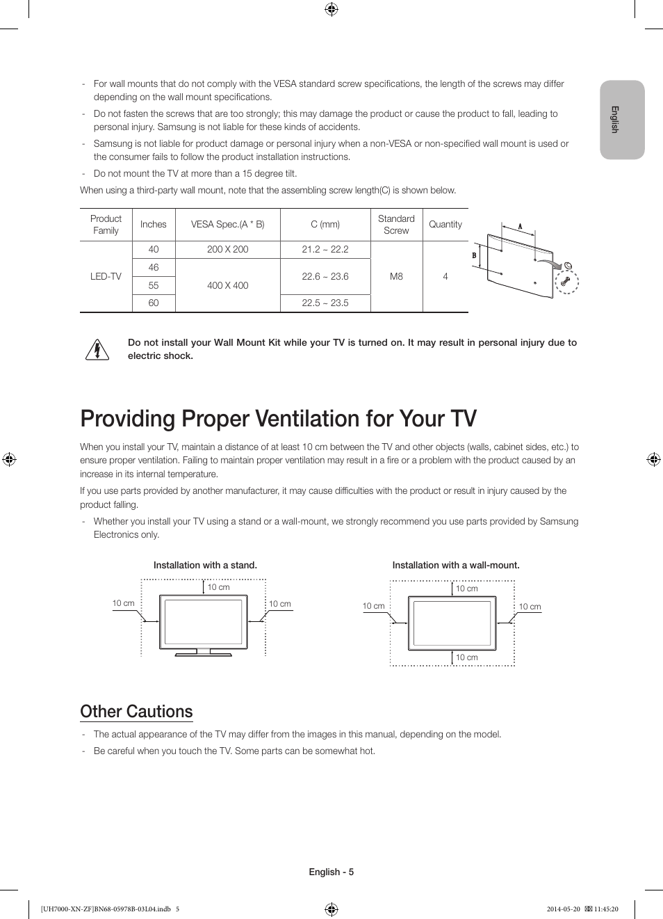 Providing proper ventilation for your tv, Other cautions | Samsung UE60H7000SL User Manual | Page 5 / 89