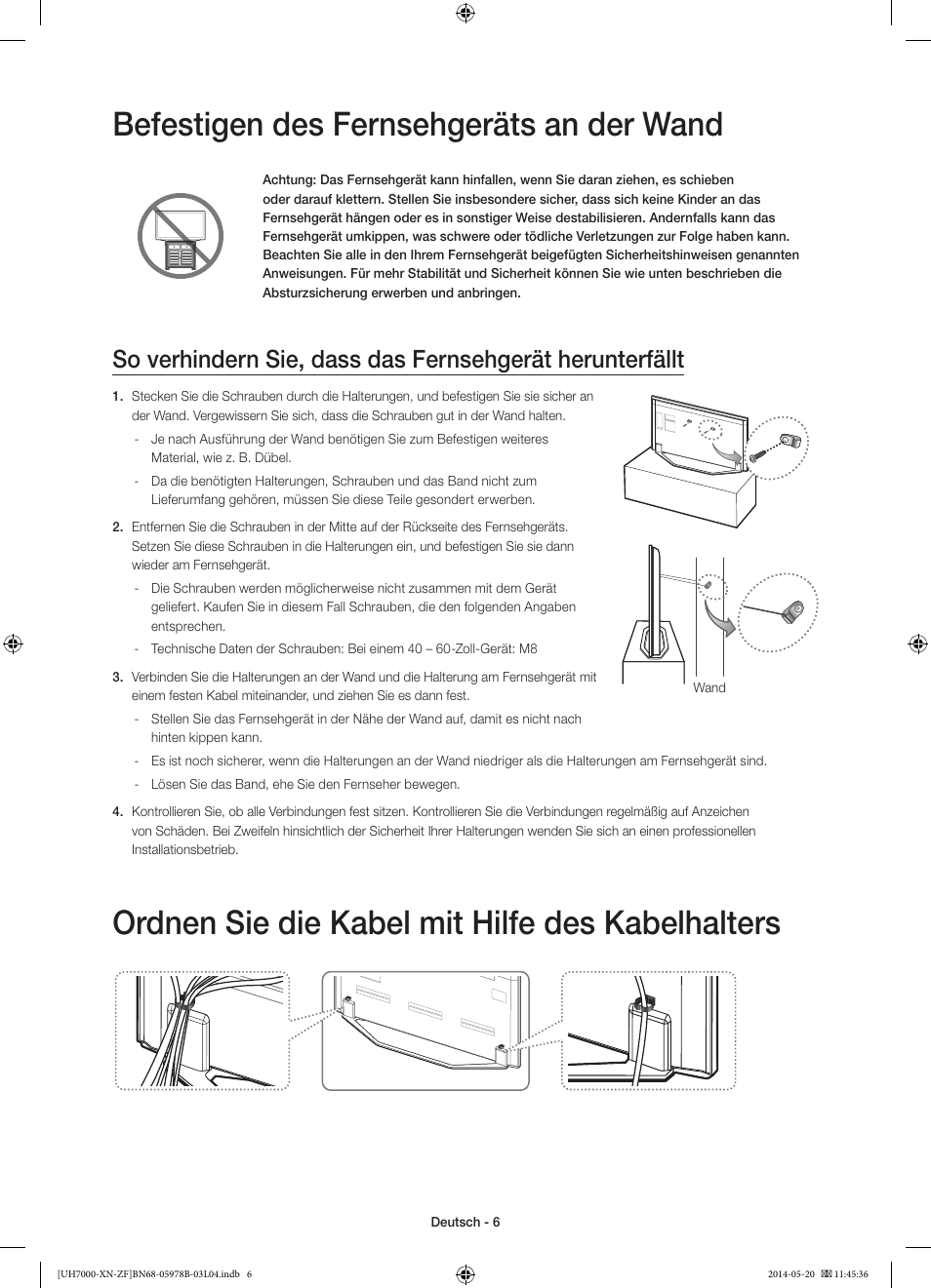 Befestigen des fernsehgeräts an der wand, Ordnen sie die kabel mit hilfe des kabelhalters | Samsung UE60H7000SL User Manual | Page 50 / 89