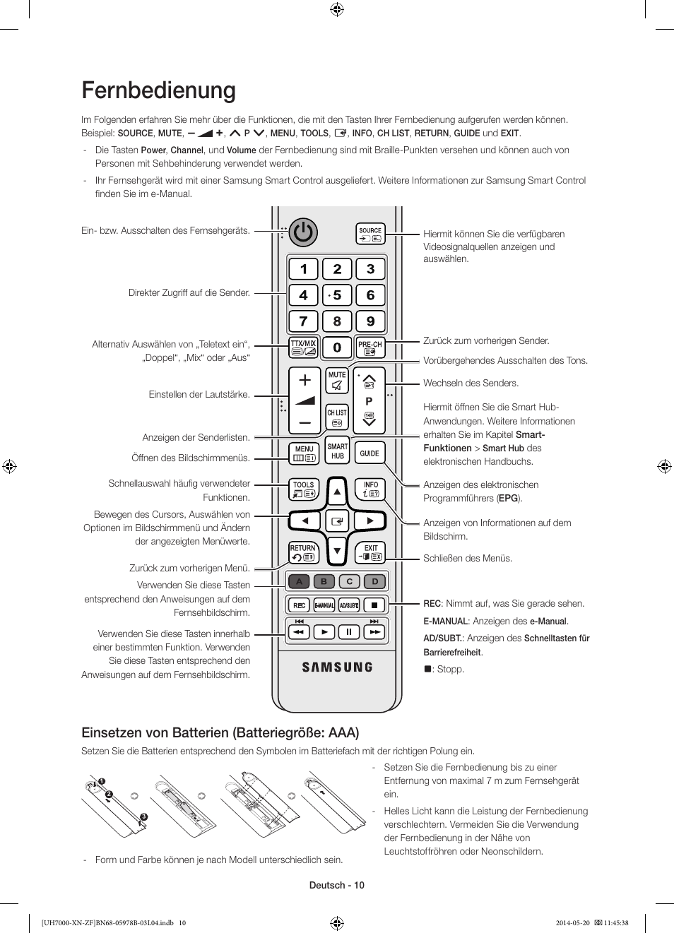 Fernbedienung, Einsetzen von batterien (batteriegröße: aaa) | Samsung UE60H7000SL User Manual | Page 54 / 89