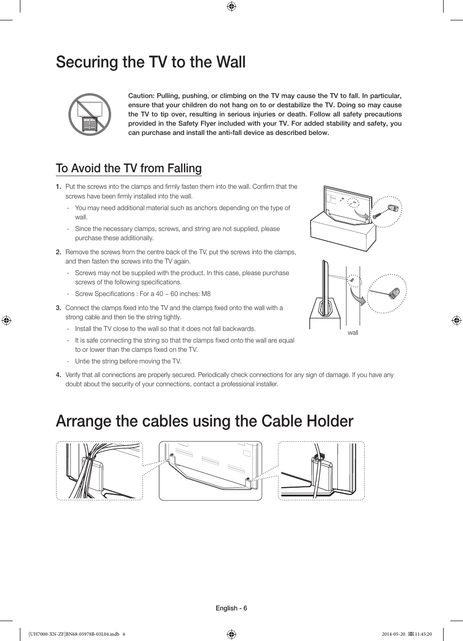 Securing the tv to the wall, Arrange the cables using the cable holder | Samsung UE60H7000SL User Manual | Page 6 / 89