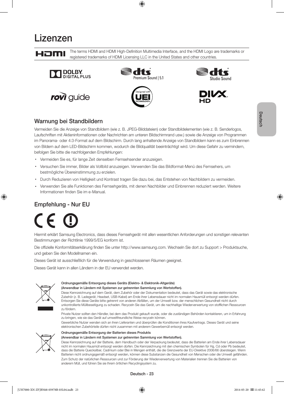 Lizenzen, Warnung bei standbildern, Empfehlung - nur eu | Samsung UE60H7000SL User Manual | Page 67 / 89