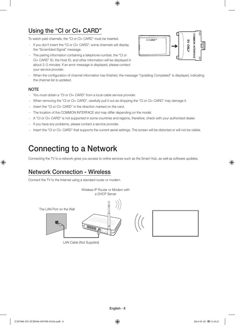 Connecting to a network, Using the “ci or ci+ card, Network connection - wireless | Samsung UE60H7000SL User Manual | Page 8 / 89