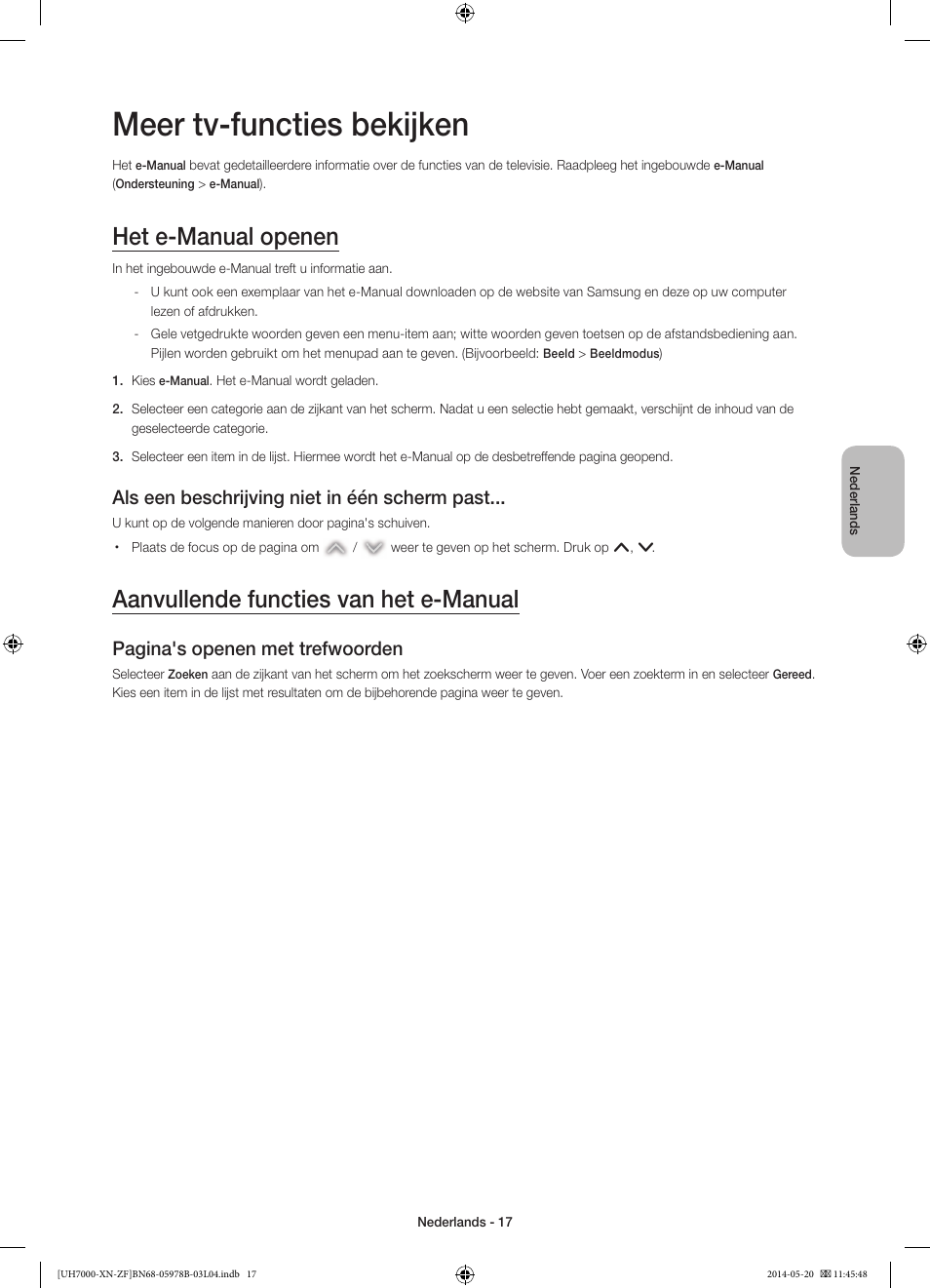 Meer tv-functies bekijken, Het e-manual openen, Aanvullende functies van het e-manual | Als een beschrijving niet in één scherm past, Pagina's openen met trefwoorden | Samsung UE60H7000SL User Manual | Page 83 / 89