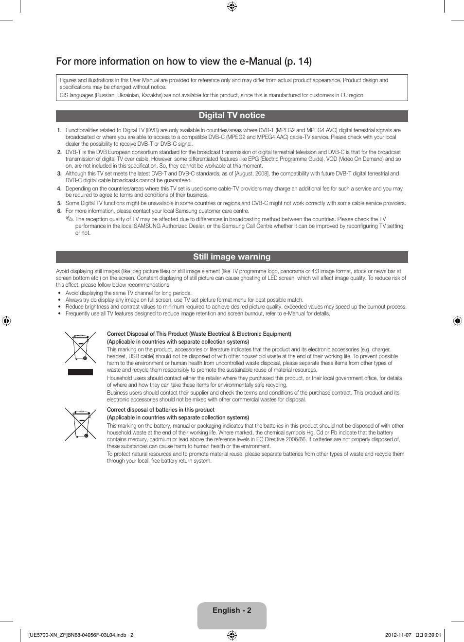 Digital tv notice, Still image warning | Samsung UE32ES5700S User Manual | Page 2 / 90