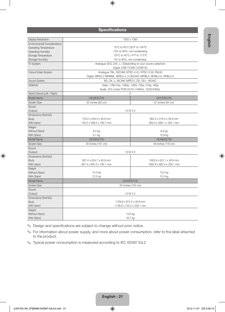 Specifications | Samsung UE32ES5700S User Manual | Page 21 / 90