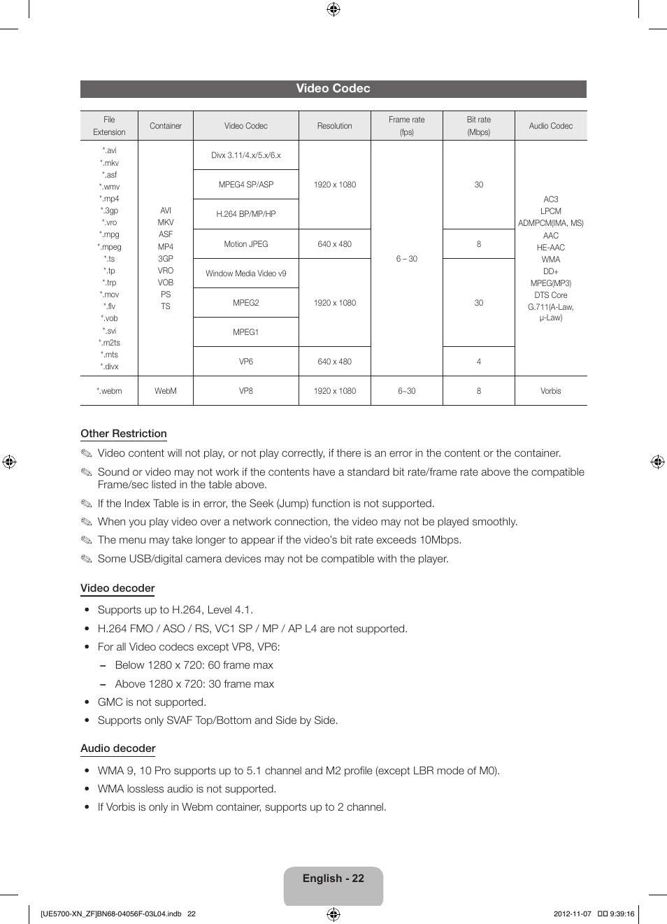 Video codec | Samsung UE32ES5700S User Manual | Page 22 / 90