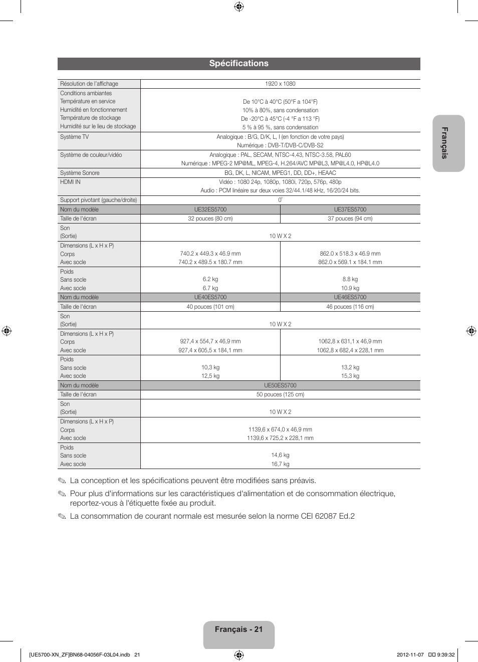 Spécifications | Samsung UE32ES5700S User Manual | Page 43 / 90