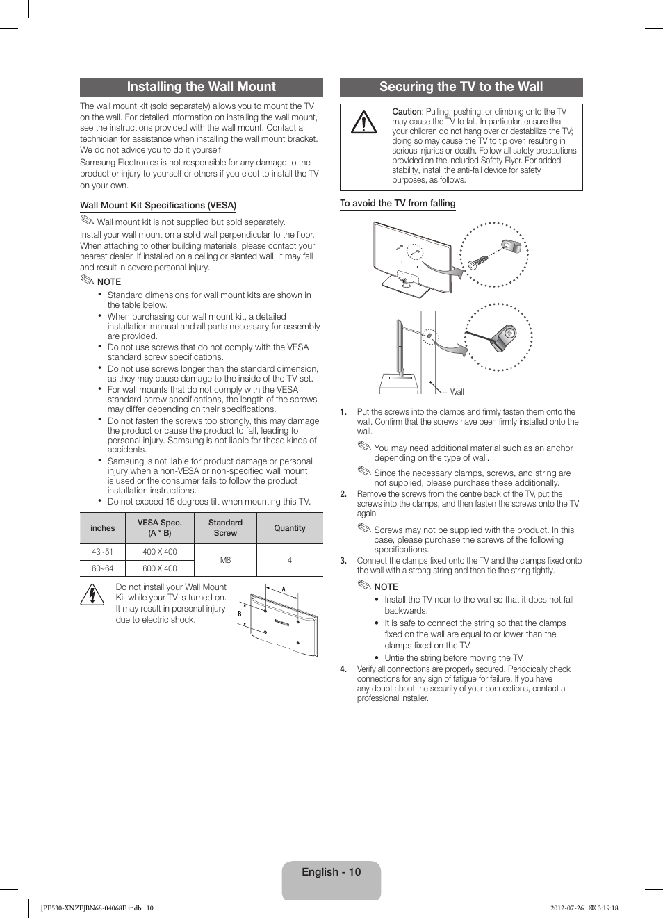 Installing the wall mount, Securing the tv to the wall | Samsung PS60E530A3W User Manual | Page 10 / 49