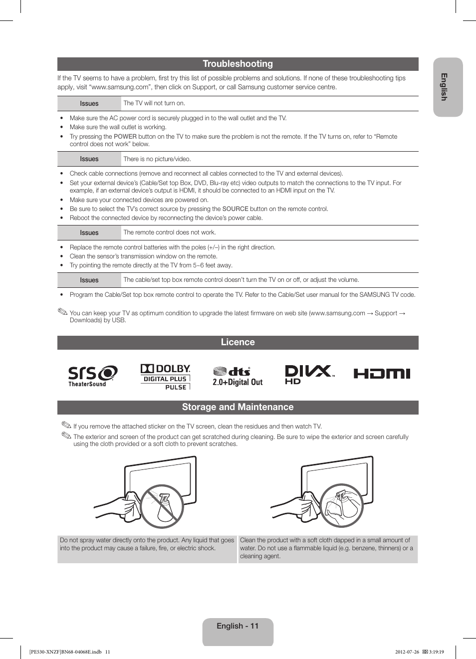 Troubleshooting, Licence storage and maintenance | Samsung PS60E530A3W User Manual | Page 11 / 49