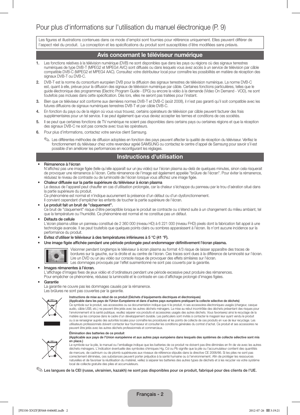 Avis concernant le téléviseur numérique, Instructions d'utilisation | Samsung PS60E530A3W User Manual | Page 14 / 49