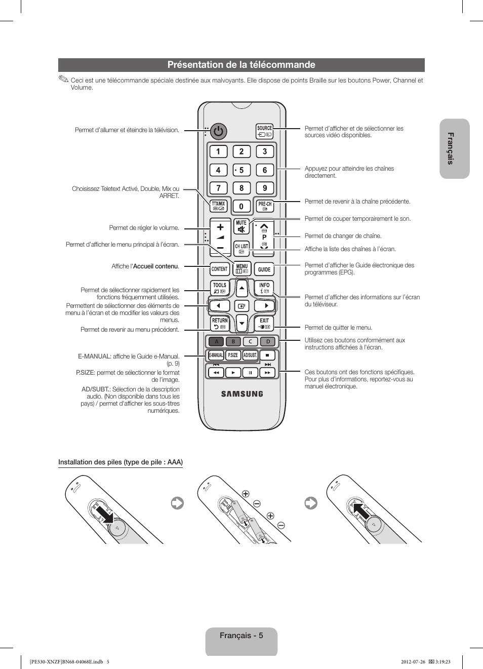 Présentation de la télécommande | Samsung PS60E530A3W User Manual | Page 17 / 49
