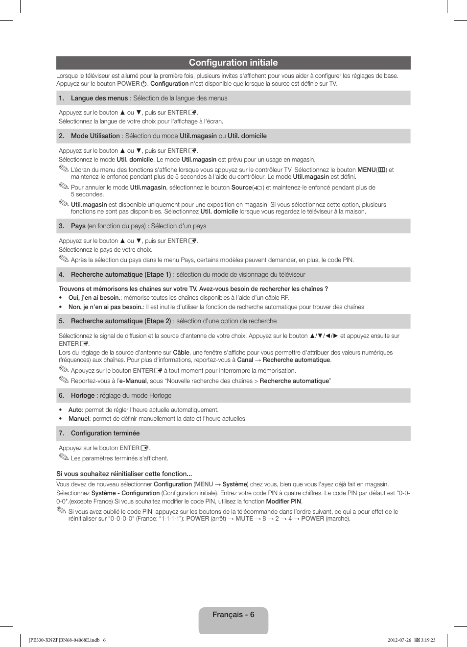 Configuration initiale | Samsung PS60E530A3W User Manual | Page 18 / 49