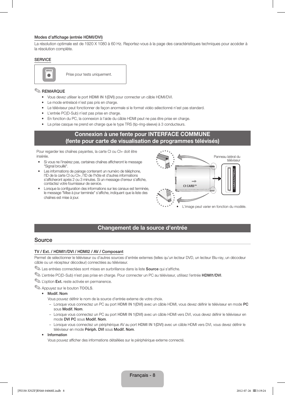 Changement de la source d'entrée source | Samsung PS60E530A3W User Manual | Page 20 / 49