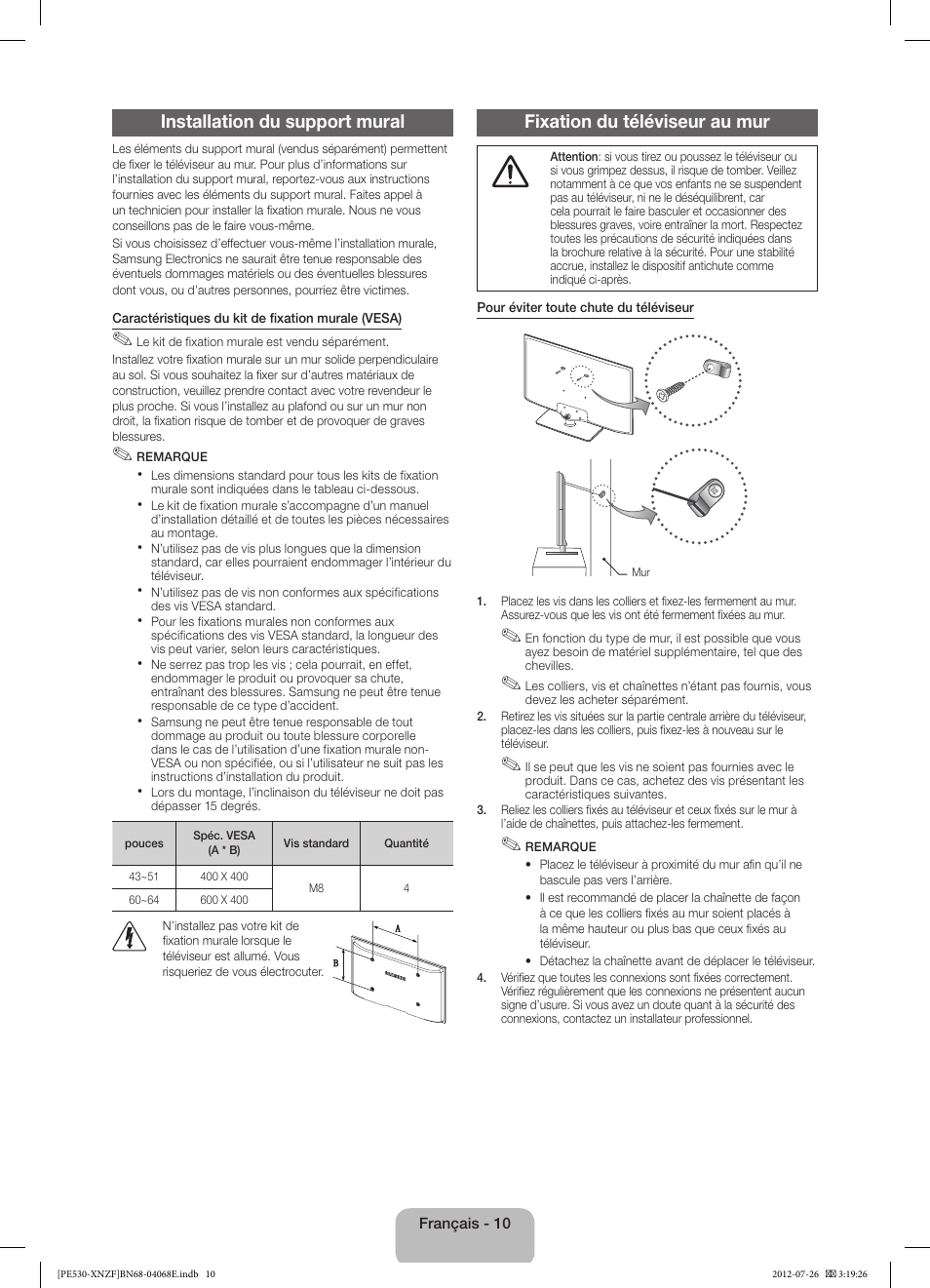 Installation du support mural, Fixation du téléviseur au mur | Samsung PS60E530A3W User Manual | Page 22 / 49