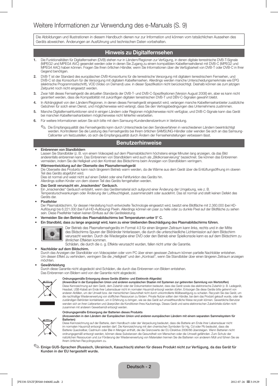 Hinweis zu digitalfernsehen, Benutzerhinweise | Samsung PS60E530A3W User Manual | Page 26 / 49