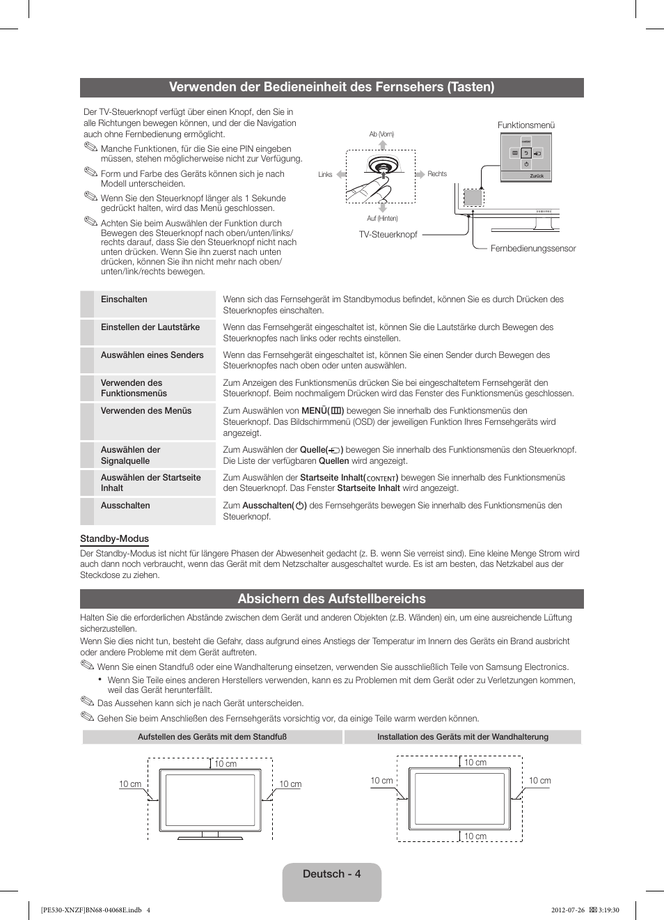 Absichern des aufstellbereichs | Samsung PS60E530A3W User Manual | Page 28 / 49