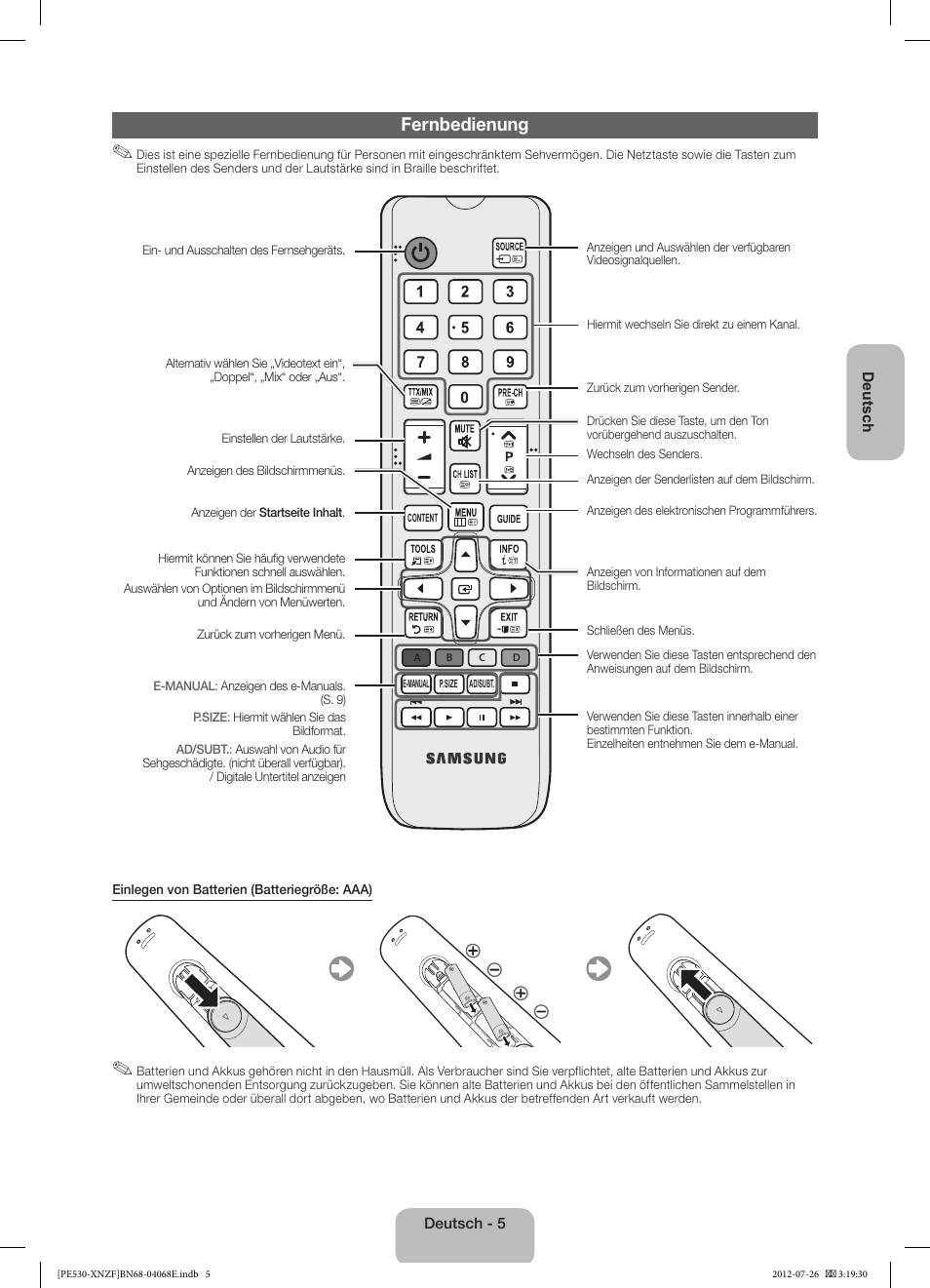 Fernbedienung | Samsung PS60E530A3W User Manual | Page 29 / 49