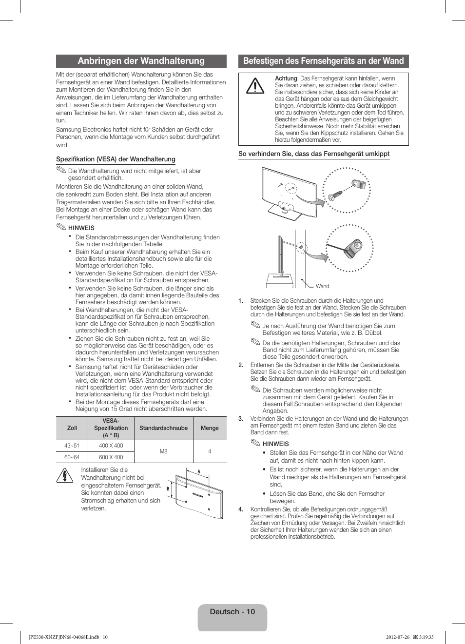 Anbringen der wandhalterung, Befestigen des fernsehgeräts an der wand | Samsung PS60E530A3W User Manual | Page 34 / 49