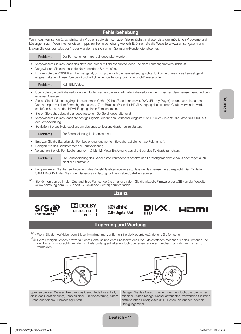 Fehlerbehebung, Lizenz lagerung und wartung | Samsung PS60E530A3W User Manual | Page 35 / 49