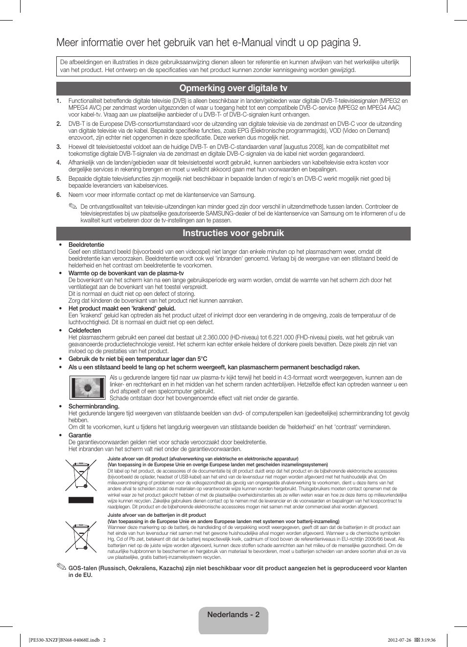 Opmerking over digitale tv, Instructies voor gebruik | Samsung PS60E530A3W User Manual | Page 38 / 49