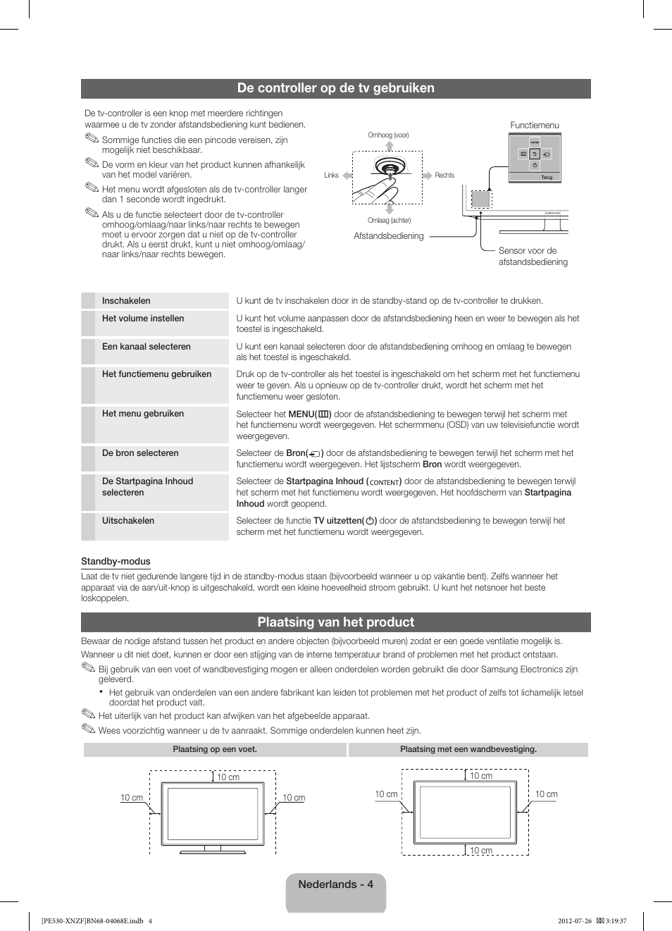 De controller op de tv gebruiken, Plaatsing van het product | Samsung PS60E530A3W User Manual | Page 40 / 49