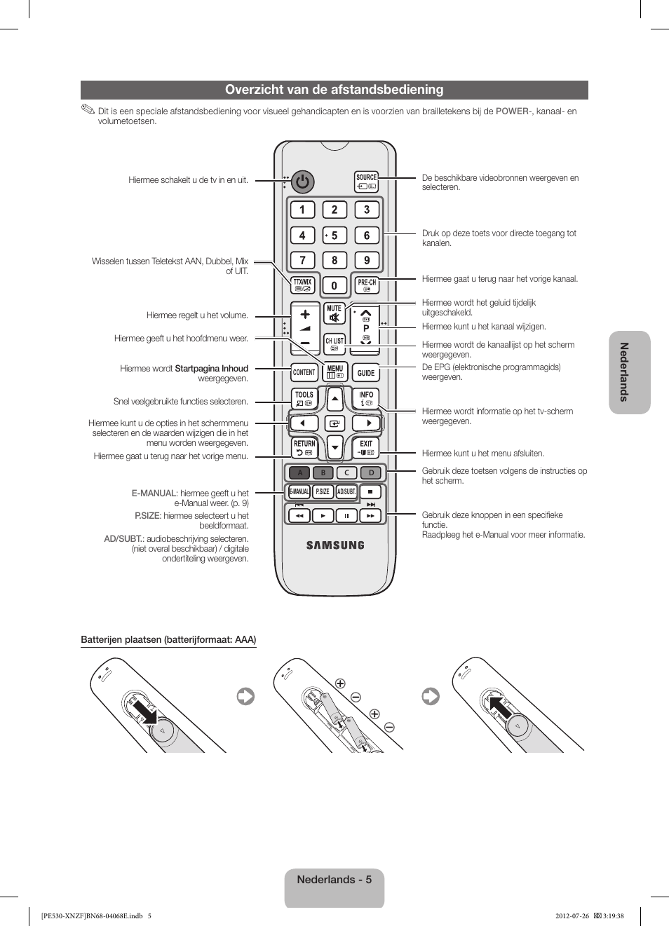 Overzicht van de afstandsbediening | Samsung PS60E530A3W User Manual | Page 41 / 49