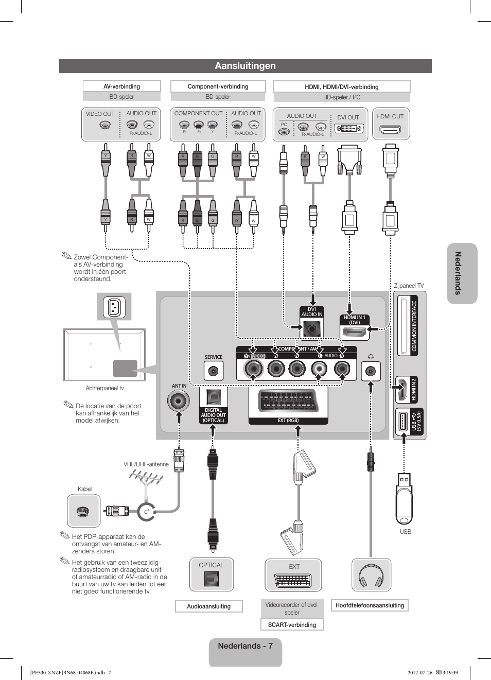 Aansluitingen, Nederlands - 7 nederlands | Samsung PS60E530A3W User Manual | Page 43 / 49