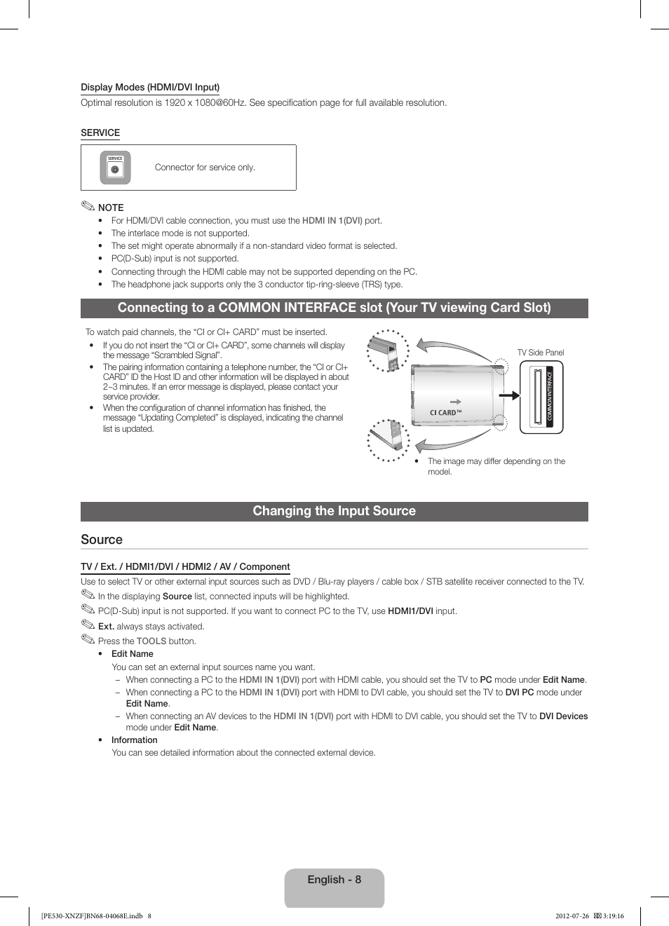 Changing the input source source | Samsung PS60E530A3W User Manual | Page 8 / 49