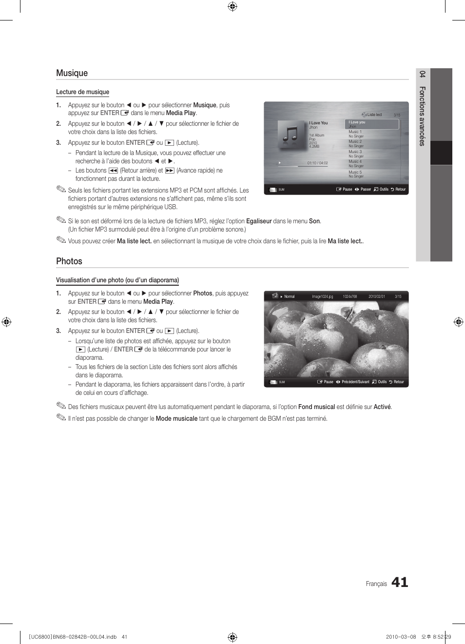 Musique, Photos | Samsung UE46C6820US User Manual | Page 103 / 249