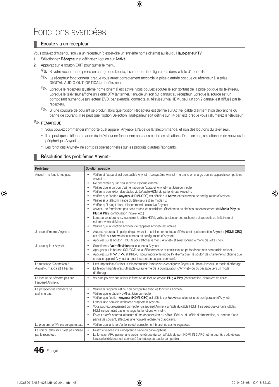 Fonctions avancées | Samsung UE46C6820US User Manual | Page 108 / 249