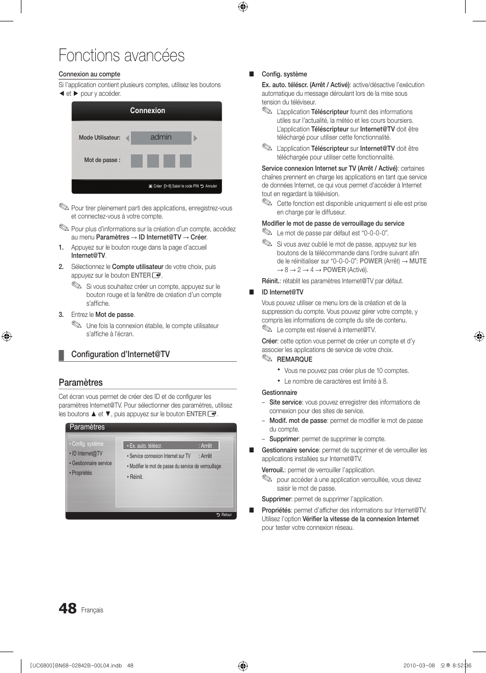 Fonctions avancées, Paramètres | Samsung UE46C6820US User Manual | Page 110 / 249